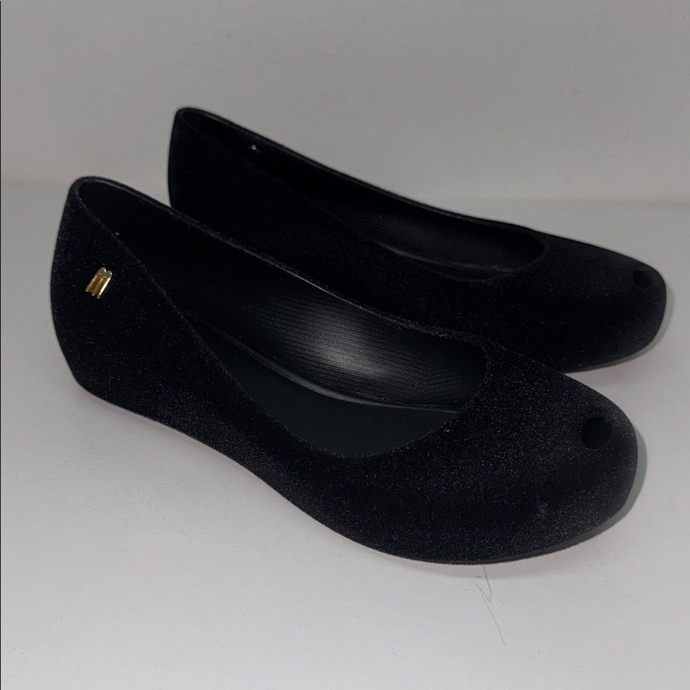 🔥Melissa Black Velvet Flats with Gold Accent Sz 1 New